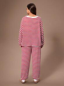 Lazeform Bộ đồ ngủ nữ cỡ lớn kẻ sọc jacquard, kiểu dáng thường ngày, tay dài cài nửa cúc và quần dài, thích hợp cho mùa đông. - Đỏ - Xem 2