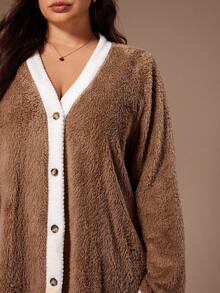 Lazeform Robe de chambre en flanelle à blocs de couleurs grande taille, moelleuse pour l'hiver - Camel - Voir 4