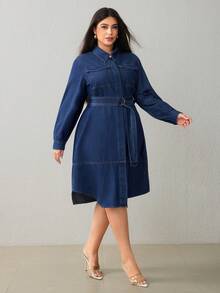 Selenza Plus Size Women's Fashion Denim Belted Dress Winter New Year - Dark Wash - View 3
