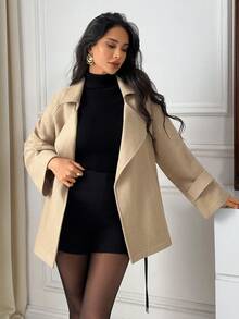 EURMUSE Women's Camel Wool-Blend Belted Coat – Oversized Lapel, Drop Shoulder, Elegant Relaxed Fit Short Trench Outerwear - Camel - View 6