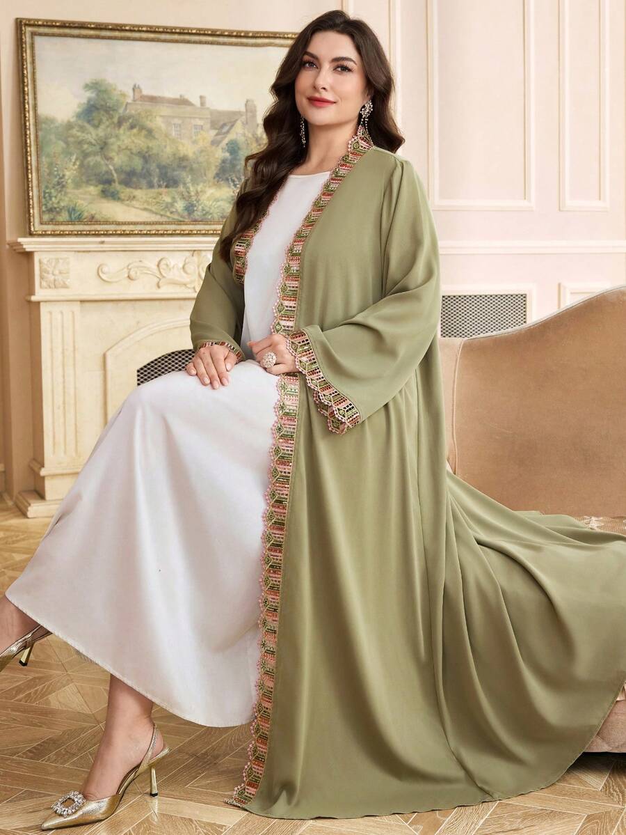 Veilorie Grande taille Femmes Élégant Patchwork Ruban Devant Ouvert Abaya Arabe, Automne - Vert - Voir 1