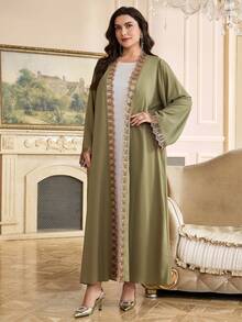 Veilorie Grande taille Femmes Élégant Patchwork Ruban Devant Ouvert Abaya Arabe, Automne - Vert - Voir 3