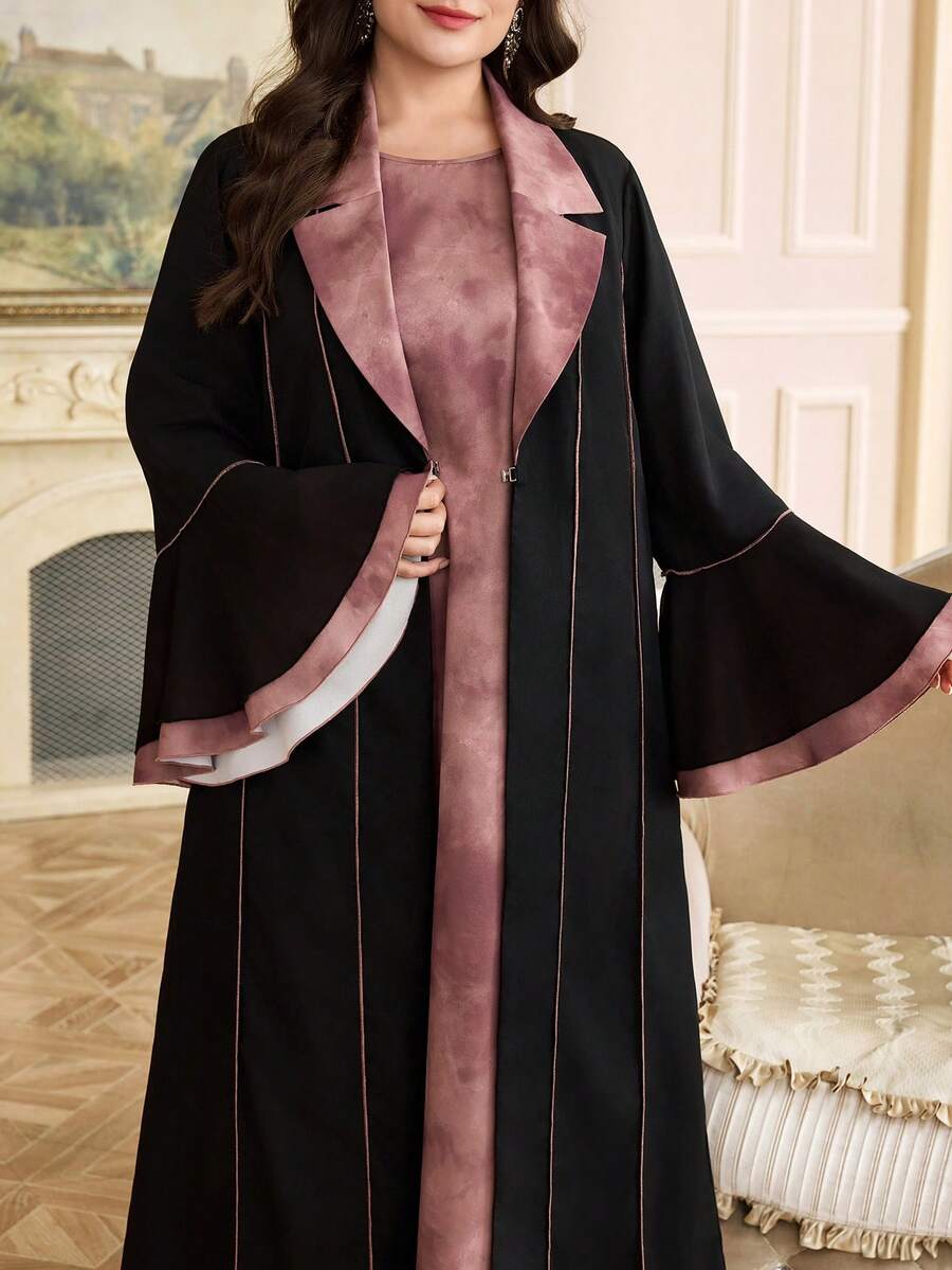 Al Najma 大码女士优雅喇叭袖扎染无袖连衣裙 - 黑色 - 查看 1