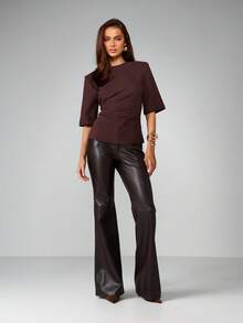 MISSGUIDED Áo thun cổ tròn tay lửng, chất liệu cotton pha trộn, có đệm vai màu nâu, chi tiết nhún ở hai bên, thích hợp mặc hàng ngày vào mùa thu đông - Cà phê nâu - Xem 4