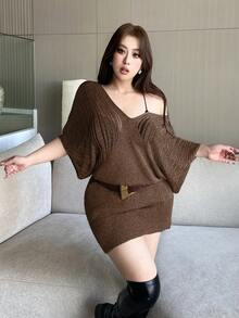Vibekara 优雅简约V领镂空针织修身毛衣连衣裙 - 棕色 - 查看 1