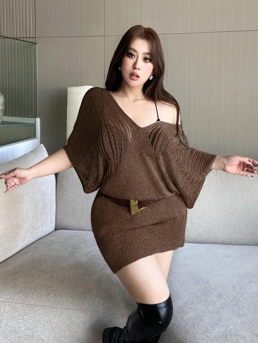 Vibekara 优雅简约V领镂空针织修身毛衣连衣裙 - 棕色 - 查看 1