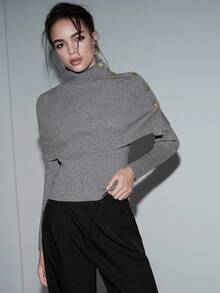 SHEIN Luminelle 全新女式金属纽扣装饰长袖针织毛衣斗篷 - 灰色 - 查看 6