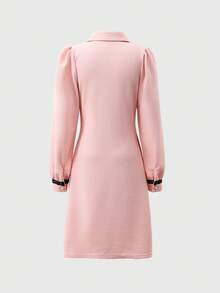 1pc Girls Jacquard Knit Dress With Detachable Black Bow Collar, Casual & Fashionable For Daily Wear, Suitable For All Seasons - Pink - View 2