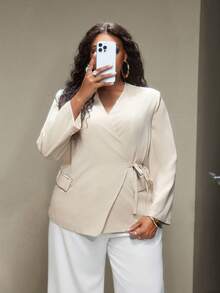 Truni Elyhuante_03 Plus Size Solid Color Tie Side Blazer In Fall/Winter, For Pear Triangle Body Shape - Black - View 4