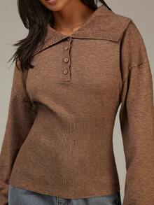 Athîral Women's Casual Brown Knit Sweater, Long Sleeve Polo Collar Button Up Slim Fit Ribbed Pullover Casual Cozy Top,Sweaters For Women - Camel - View 6