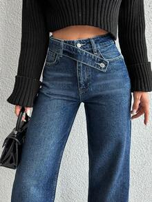 SHEIN PETITE Petite High Waist Asymmetric Belt Wideleg Jean - Dark Wash - View 3