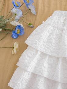 SHEIN 1pc Teen GirlElastic Waist Jacquard 3-Layer Cake Skirt, Pleated Mini Skirt, Spring/Autumn - White - View 7