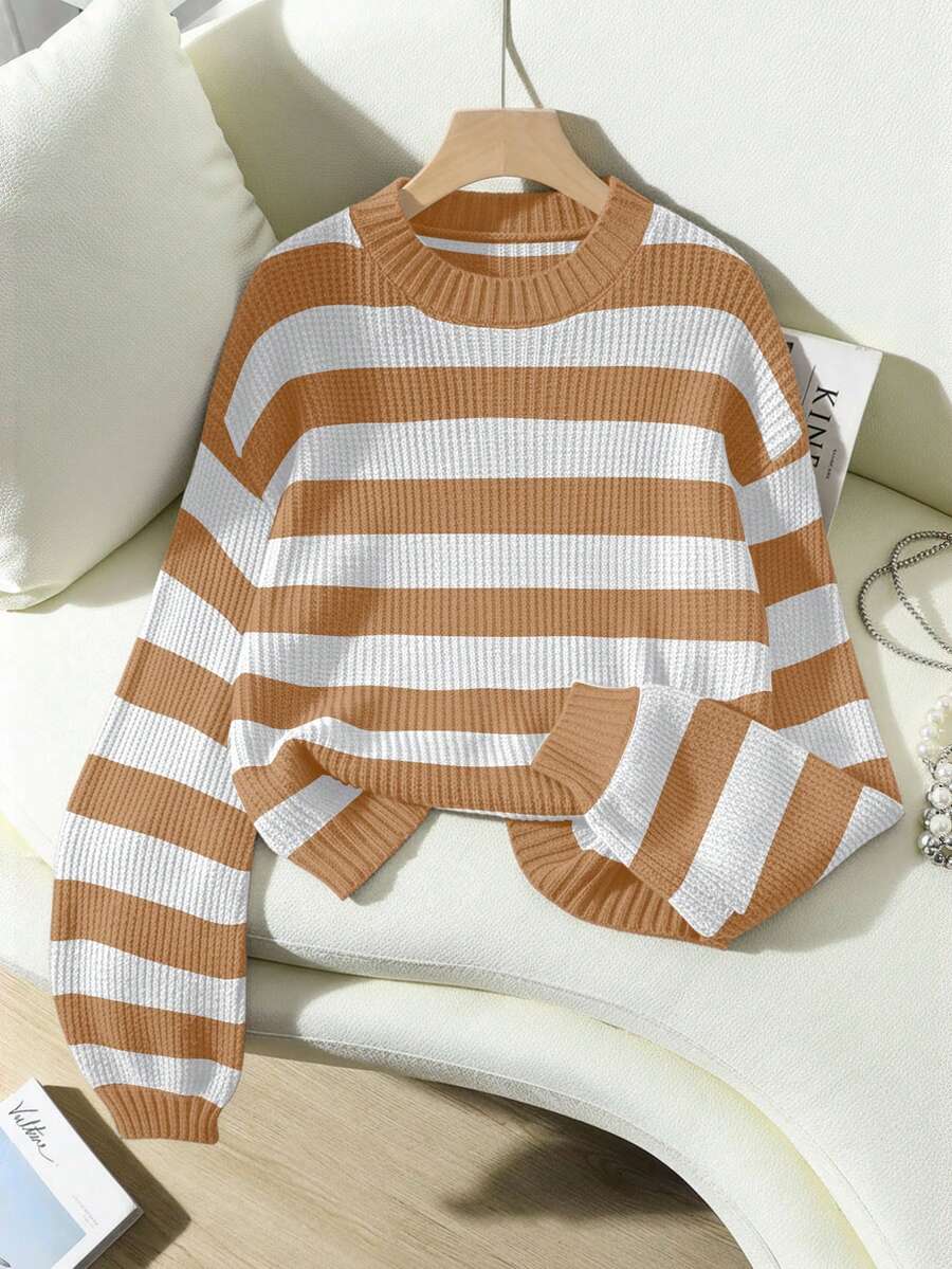 Franclia Women's Contrast Color Striped Crew Neck Long Sleeve Sweater - Multicolor - View 1