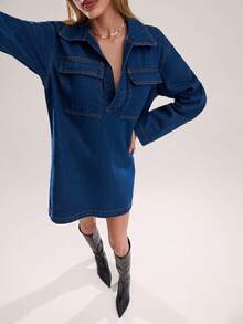 Avantive Fall&Winter Halloween Christmas New Year Going Out Graduation Prom Elegant Formal Luxury Chic Business Casual Birthday/Office Outfits/Country Concert/Club Outfits Sexy/Western/Work Clothes/Streetwear/Vintage/Festival/Cocktail/Rave/Prom/Hawaii/Airport/Funny/Basic/Brunch Outfits/2000s Style/Bodycon/Old Money Style/Church/Homecoming/Classy/Party/Modest/Date Night/Autumn/Winter/Blue Washed/Cowgirl/Long Sleeve/Turndown Collar Long Sleeve Utility Pocket Casual Loose Denim Dress - Blue - View 6