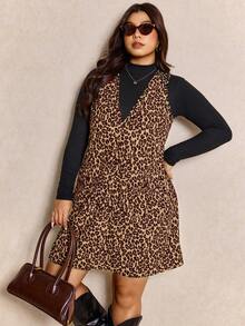 Elaquor Plus Size Women Leopard Print Deep V-Neck Fashionable Strap Dress, Autumn/Winter Cheetah Print - Multicolor - View 3
