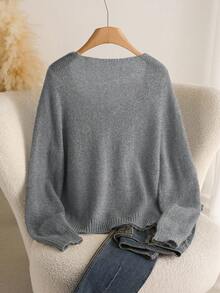 CosyJoli Plus Size Women Floral Embroidery Crew Neck Loose Fit Long Sleeve Sweater Casual - Grey - View 3