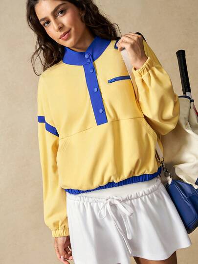 VARSIVA 女式撞色落肩长袖纽扣半开襟休闲户外羊毛夹克