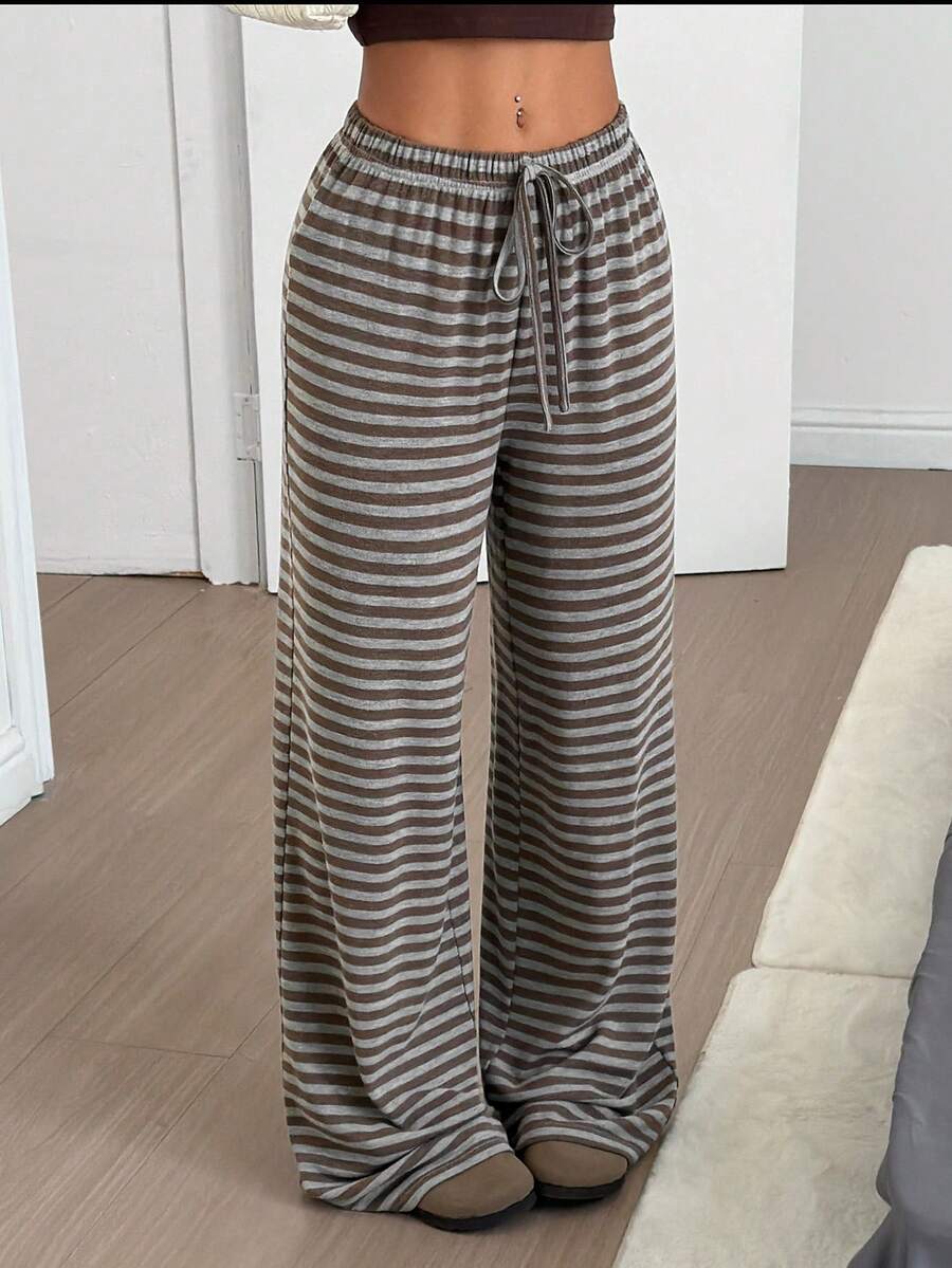 SHEIN EZwear 女士休闲条纹系带阔腿裤 - 咖啡棕 - 查看 1