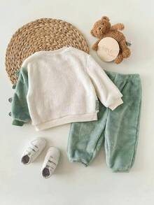 Baby Boy Casual Fluffy Cartoon Pattern Long Sleeve Pajama Set, Autumn/Winter