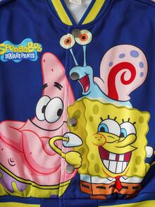 SpongeBob SquarePants | SHEIN 2件套男童休闲可爱卡通图案撞色棒球外套和运动裤套装，秋冬季 - 藍色 - 查看 3
