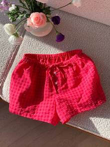 Comfortcana Quần short vải lanh cotton kẻ sọc thường ngày dành cho nữ - Đỏ - Xem 5