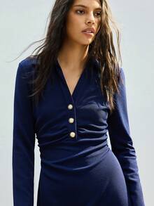 Maija Women's Solid Color Long Sleeve Button Half Placket Pleated Casual Mid-Length Dress - Navy Blue - View 5