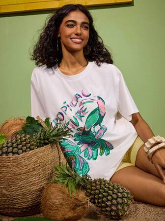 Felipe Marques 여성용 플로럴, 새, 레터, 앵무새, 바나나 프린트 반팔 티셔츠 탑, 봄, 가을, 해변, 파티에 적합