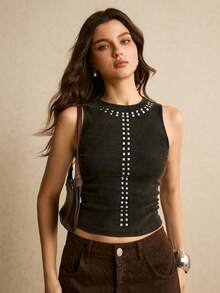 Poéselle Women's Black Knitted Round Neck Tank Top With Rivet Detail Regular Length - Black - View 5