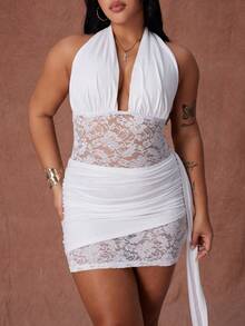 Rustia Plus Size Lace Bodycon Midi Dress - White - View 1