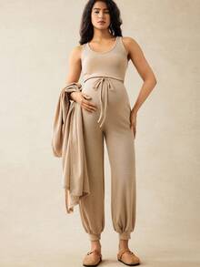 SHEIN Maternity Lantern Sleeve Long Jacket, Cropped Tank Top And Jogger Pants Casual 3-Piece Set, Autumn  Beach Set - Apricot - View 7