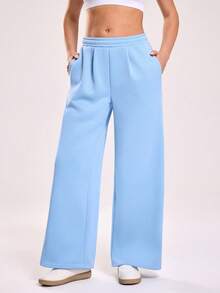 Sovereign Charm Women's Casual Outdoor Fitness Running Loose Wide Leg Long Yoga Sweatpants With Side Pockets And Drawstring Waist, Autumn/Winter Wide Leg Sweatpants Flare Pants Women Flare Sweat Pants Wide Leg Pants Women Palazzo Pants Women - Baby Blue - View 5