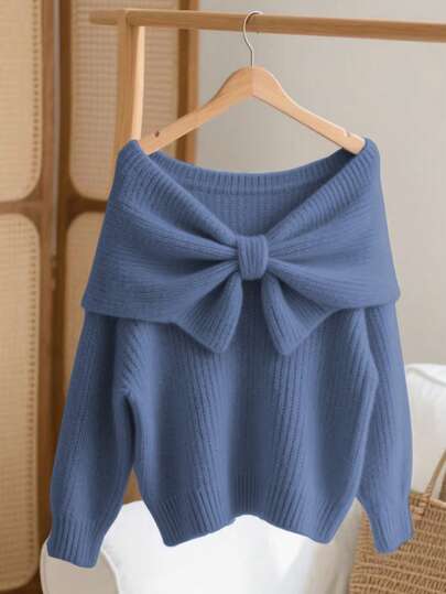 GlowEve Autumn/Winter New Pleated Soft Elegant Minimalist Elegant Oversized Bow Crew Neck Long Sleeve Chunky Knit Sweater For Women