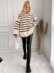 EURMUSE Maglione casual a maniche lunghe da donna con collo alto e motivo a righe - Multicolore - Visualizzare 4