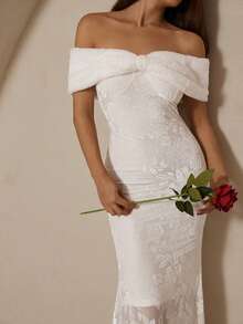 Revavyn Váy đuôi cá in họa tiết hoa hồng co giãn cao, cổ lông giả có thể tháo rời, không tay, chất liệu vải cháy nắng, thích hợp cho tiệc tối - trắng - Xem 2