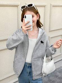 SHEIN Tween Girls Casual Knit Sweatshirt Jacket With Embroidery, Zipper And Pockets, Suitable For Weekends, Casual Outings, Back To School, Autumn/Winter, Tween Girl Zip Up Sweatshirt, Tween Girl Zip Up Top, Kids Grey Girl Jacket - Grey - View 3