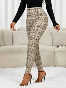 SHEIN Lady Quần legging kẻ caro đính nút cho nữ, thời trang và đa năng - Màu be - Xem 8