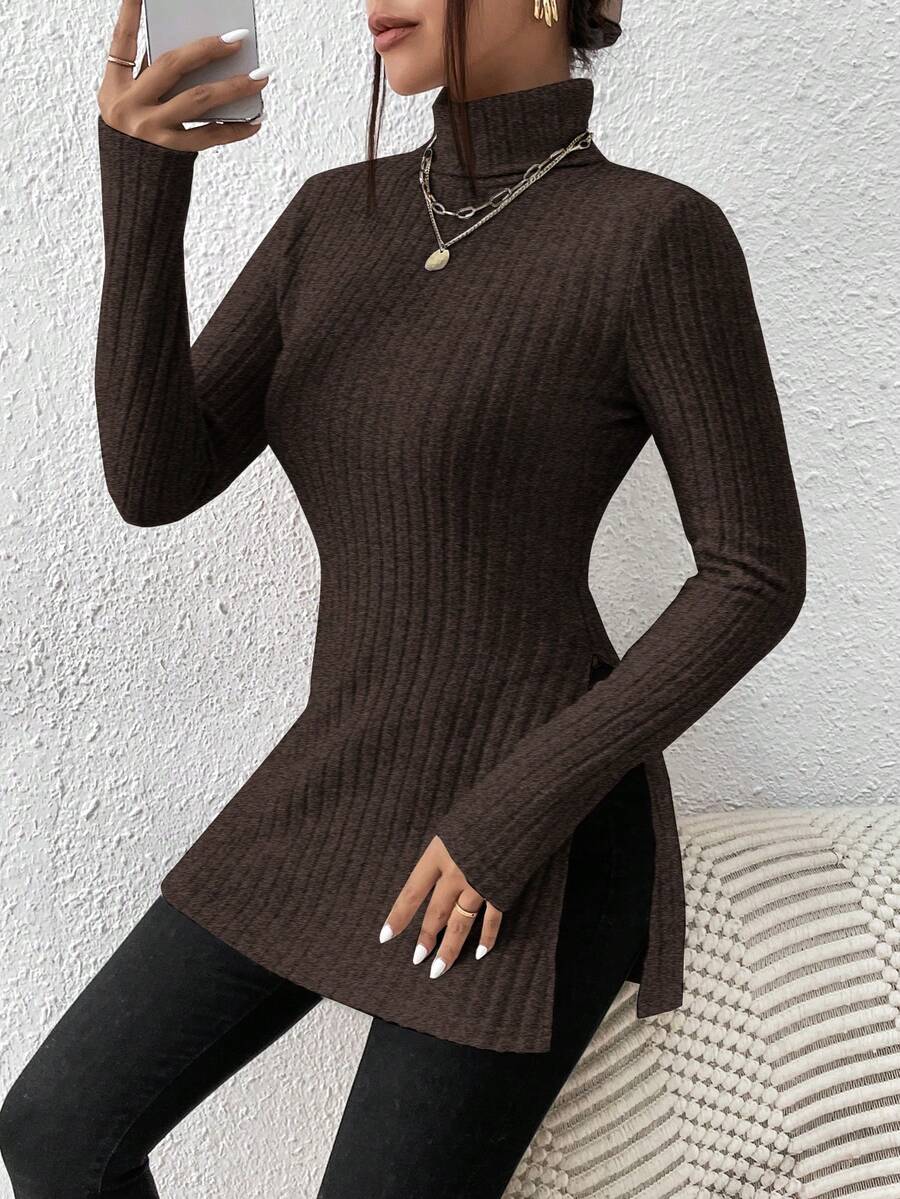 SHEIN Frenchy Solid Color Turtleneck Ribbed Fitted Long Sleeve T-Shirt Spring Brown - Brown - View 1