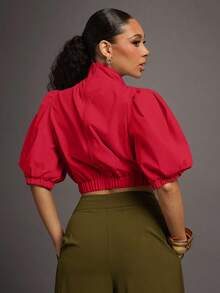 Vixey 夸张蝴蝶结泡泡袖拉链梭织上衣 - 紅色 - 查看 4