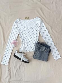 SHEIN Áo thun dài tay cổ tròn ôm sát, chất liệu dệt kim màu trắng, kiểu dáng tối giản, dành cho nữ tuổi teen, thích hợp cho mùa xuân, hè, thu, phong cách thường ngày, tạo điểm nhấn cá tính, mặc hàng ngày. Áo dài tay dễ thương, kiểu dáng ngắn tay. - Đen và trắng - Xem 6