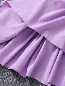 SHEIN Tween Girl Solid Color Square Neck Puff Sleeve Shirred Waist Ruffled Hem French Sweet Midi Dress - Purple - View 7
