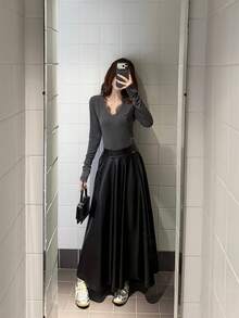 DAZY 女士纯色PU休闲半身裙，适合通勤。 - 黑色 - 查看 5