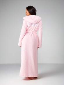Missguided x Playboy Luxurious Fleece Hooded Maxi Dressing Gown Robe With Belt Long Sleeve Cozy Winter Loungewear Spa Bath Robe - Pink - View 2