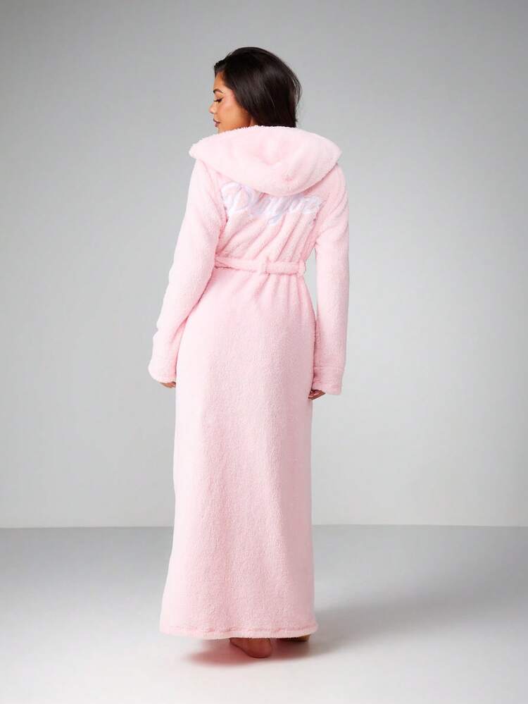 Missguided x Playboy Luxurious Fleece Hooded Maxi Dressing Gown Robe With Belt Long Sleeve Cozy Winter Loungewear Spa Bath Robe