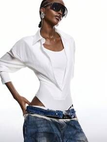 LYSMO 女士纯色落肩长袖二合一连体衣