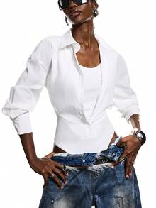 LYSMO 女士纯色落肩长袖二合一连体衣