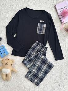 SHEIN 大童U领装饰长袖上衣和印花裤子睡衣套装 - 彩色 - 查看 1