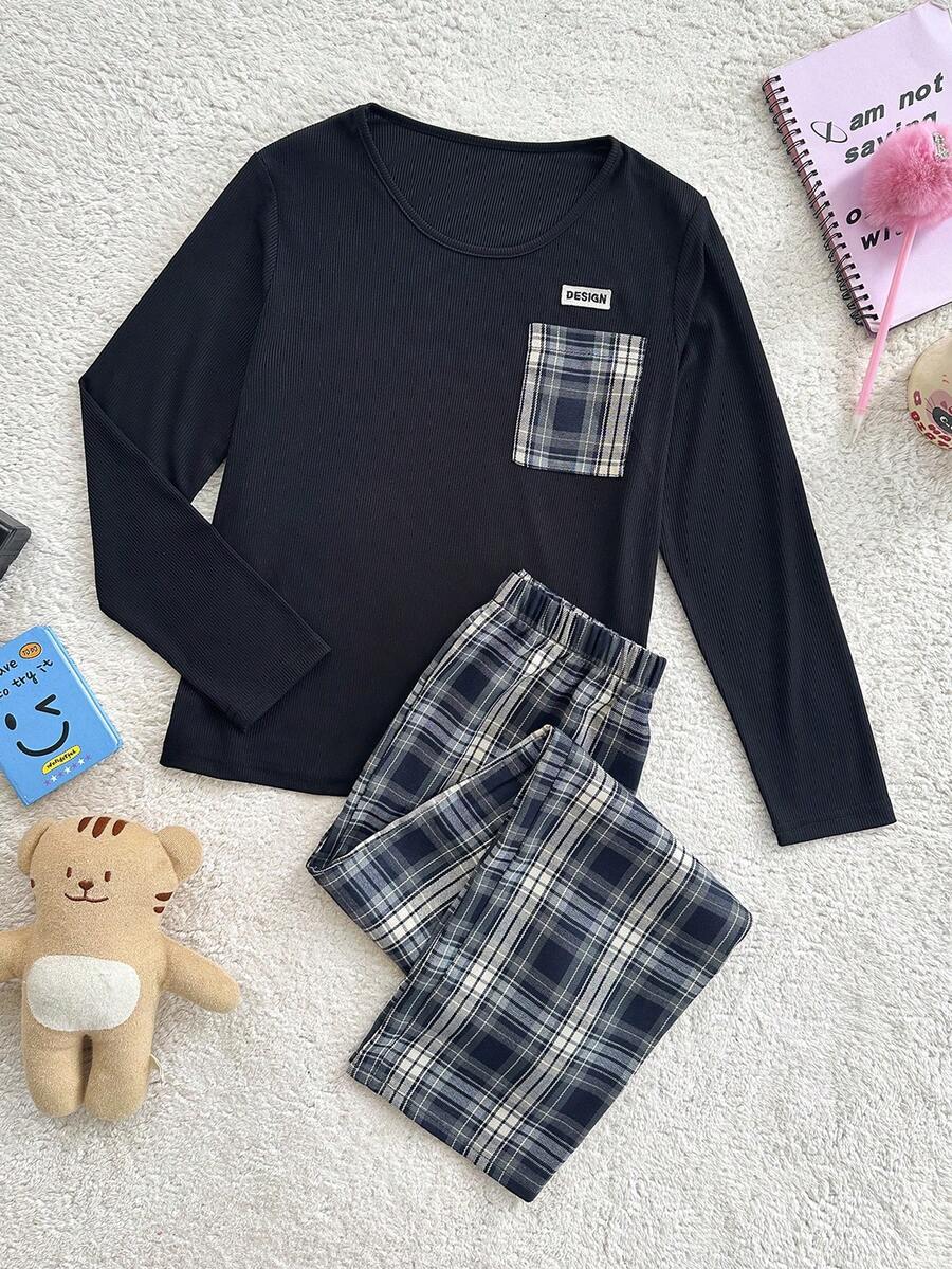 SHEIN 大童U领装饰长袖上衣和印花裤子睡衣套装 - 彩色 - 查看 1