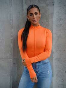 SAYEHFBABY Casual Basic Zip Collar V-Neck Long Sleeve Tight Fit Stretchy Jacket Top For Women, Autumn/Winter,Fall - Orange - View 1