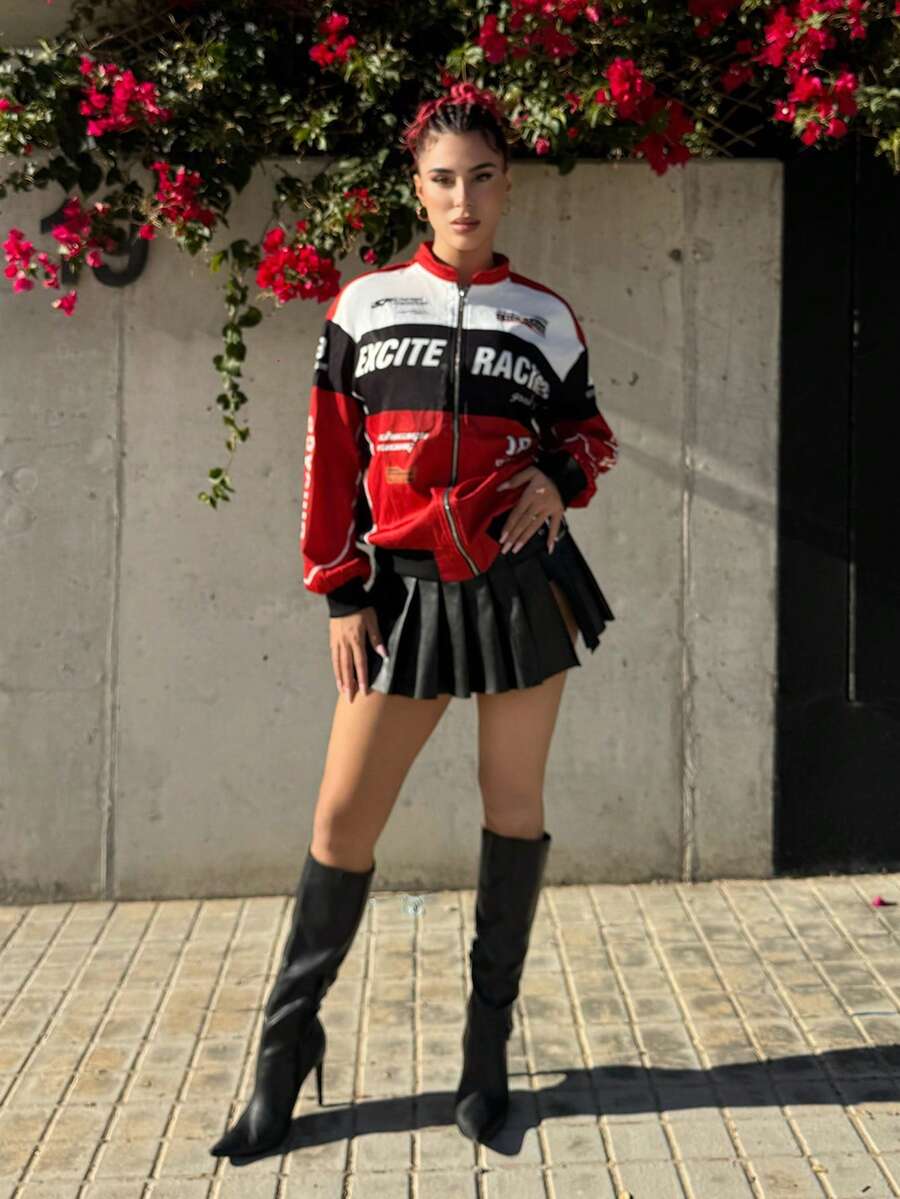 Bearsaez Letter Pattern Contrast Color Drop Shoulder Bomber Jacket For New Year Clothes Fall Winter Cloth For Women - Red - View 1