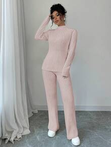 SHEIN PETITE 女款灰粉色秋季兩件式針織毛衣套裝，休閒居家優雅專業辦公通勤穿搭，百搭斯德哥爾摩風外出上衣，適合嬌小女性 - 淺粉色 - 查看 6